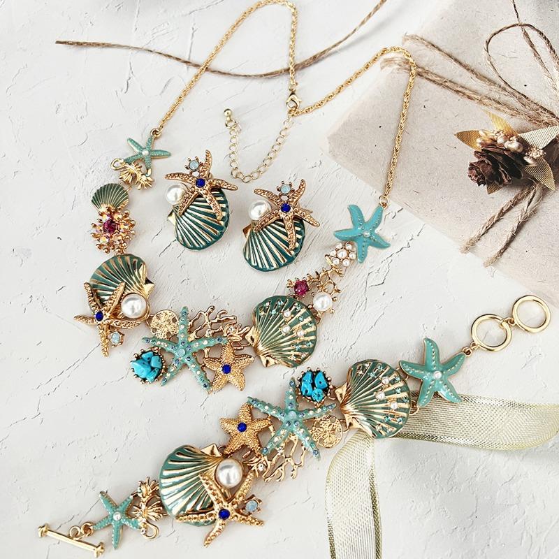 Island style beach starfish vacation four-piece set chain alloy diamond-encrusted bohemian shell jewelry