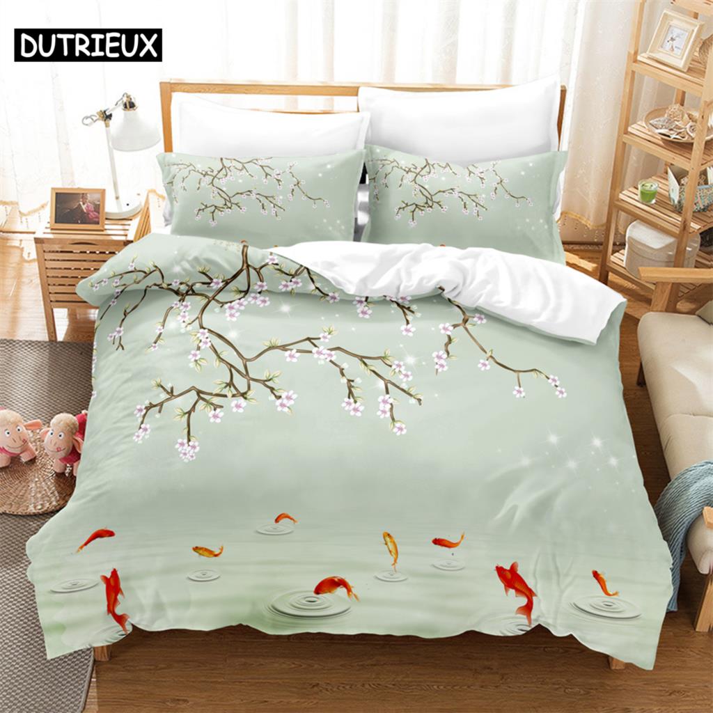 

3PCS Goldfish and flower Bedding Sets Home Bedclothes Super King Cover Pillowcase Comforter Textiles Bedding Set EU single(135x200cm)&set