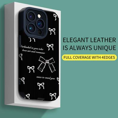 Vertical Grain Leather Shell Bowknot Printed Patterned Shockproof Soft Silicone Case with Camera Lens Full Protection for iPhone