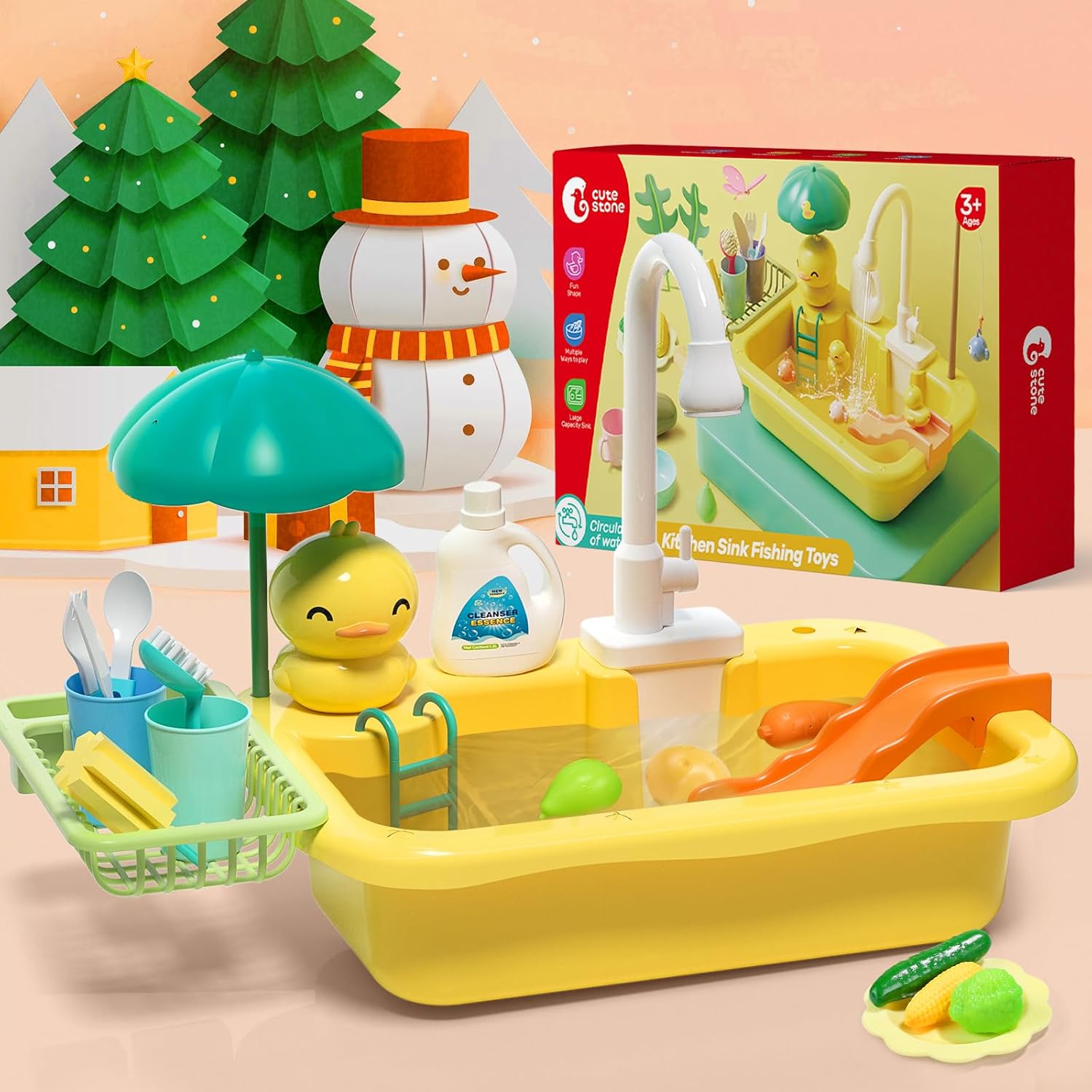 CUTE STONE Play Sink with Running Water, Kitchen Sink Toys with Play Food and Kitchen Utensils, Pool Floating Toys for Fishing Game, Children Role