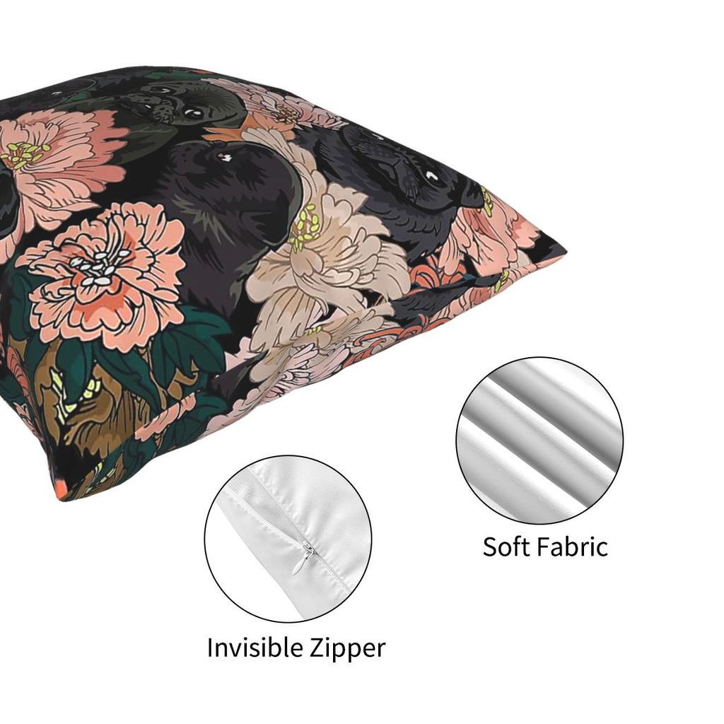 Black Pug Flower Pillow Cover Home Decorative Dog Cushions Throw Pillow for Car Polyester Double-sided Printing Leisure