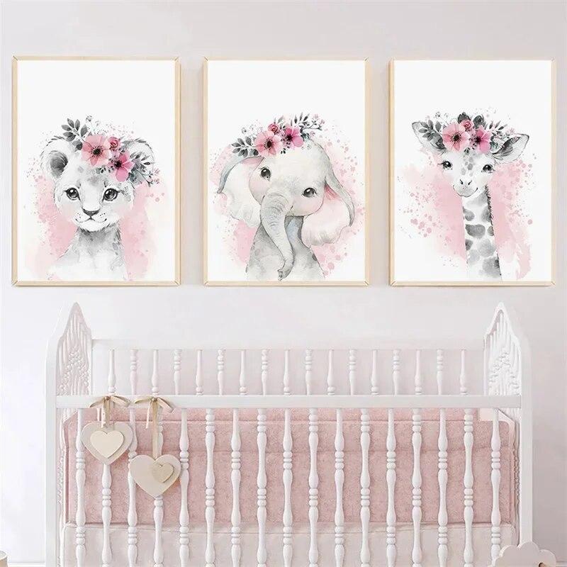 Acquerello Fiore Animale Tela Pittura Asilo Nido Rosa Baby Arte Murale Nordico Poster Stampe Zebra Elefante Giraffa Decor Immagini