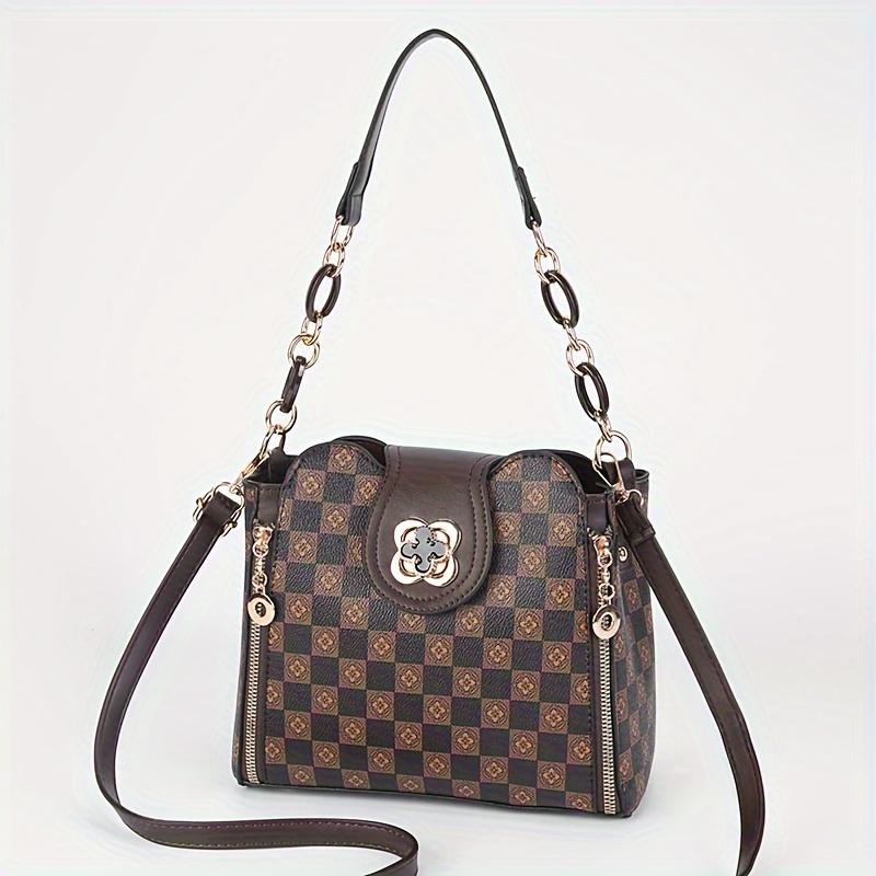 Stylish Geometric Pattern PU Crossbody Bag | Women's Chic Bucket Bag with Flower Buckle & Retro Chain