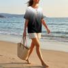 Women’s Fashion Printed Henley Button Neck Short Sleeve Cotton Linen Shirt with Chest Pocket Gradient Design Loose Fit Top