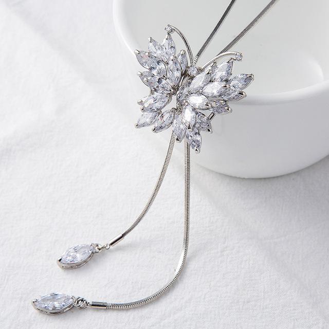 

Женское длинное ожерелье с бабочкой из циркона, модная металлическая цепочка с подвеской в виде животного из кристалла Cz, регулируемое серебряный