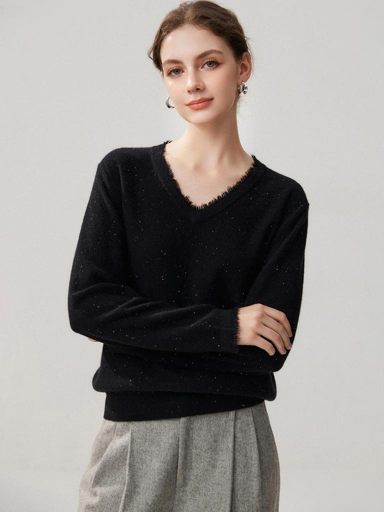 Women's V-Neck Sequin Cashmere Sweater - 2026 Autumn/Winter Collection: Elegant, Loose, Warm, Slimming Base Layer.