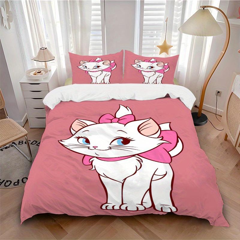 3 stuks Schattig Aristokatten Marie Kat Roze Strik Beddengoed Set, Zachte en Comfortabele Dekbedovertrek voor Slaapkamer, Logeerkamer W001