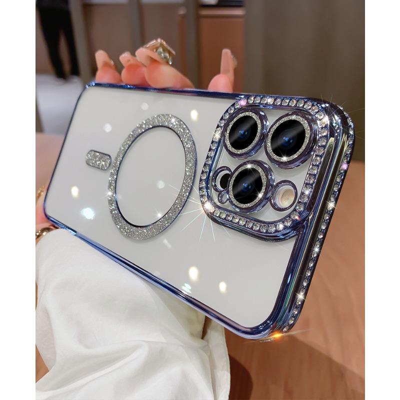 Applicable To IPhone 16 Magnetic Suction Mobile Phone Case Transparent Electroplating Edge Diamond Flash Powder Apple 14/15 Promax Silicone