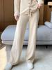 Women's High-Waisted Wide-Leg Knit Pants - Warm, Thick, Casual Floor-Length with Drawstring