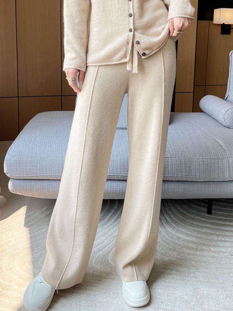 Women's High-Waisted Wide-Leg Knit Pants - Warm, Thick, Casual Floor-Length with Drawstring