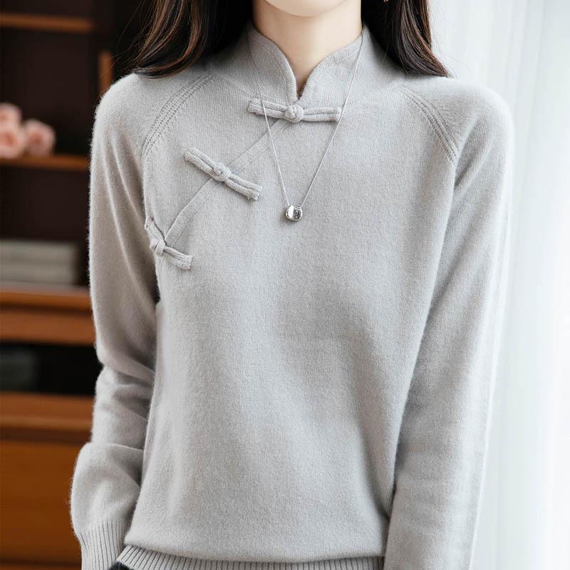 Women's Retro Chinese Style Stand Collar Wool Sweater with Frog Buttons