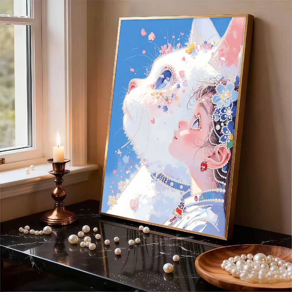 Crystal Pearl Painting 5D DIY Frame Decoration Painting White Cat Home Wall Decoration Transparent Pearl Gemstone Painting Picture Art Crafts