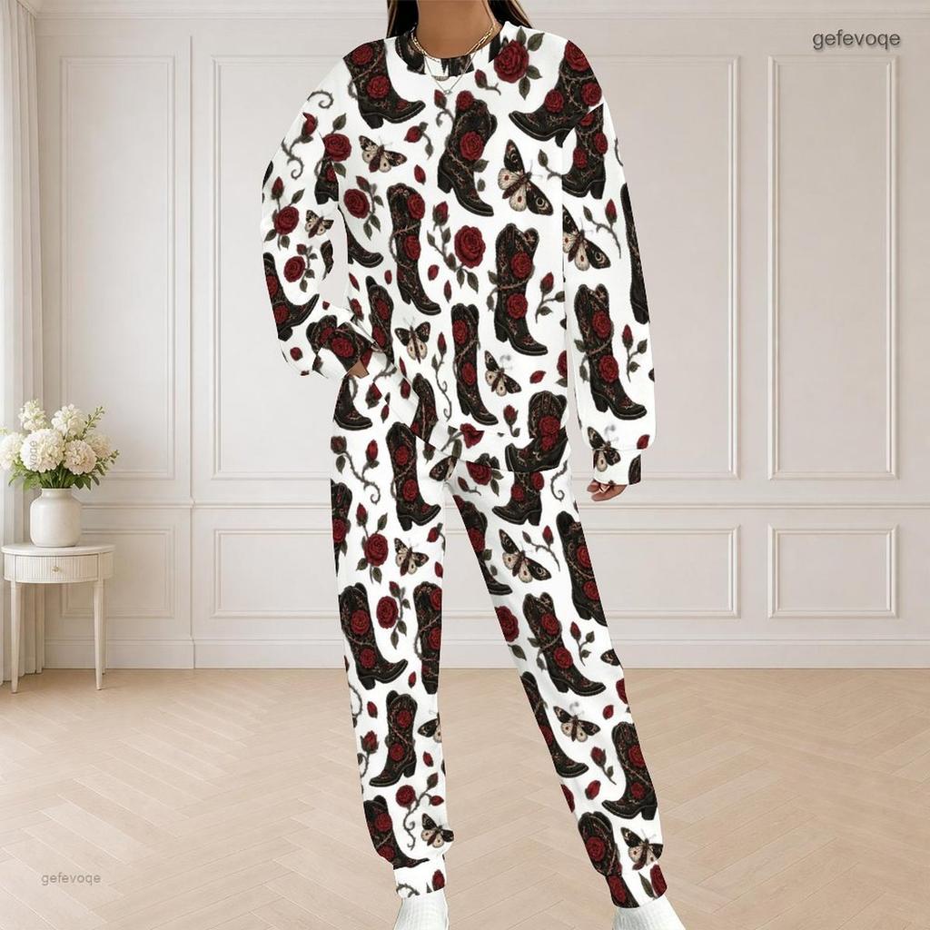 Women Plus Size Printed Two Piece Set Round Neck Long Sleeve Top And Long Pants