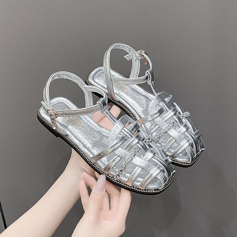 

Сандалии-гладиаторы Weave Cross с узкой резинкой, женские тапочки, летние пляжные туфли, женские плоские вязаные сандалии с пряжкой и ремешком 41 серебряный