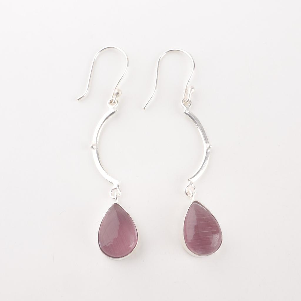 Purple Cat's Eye Gemstone 925 Fine Silver Jewelry Handmade Silver Earrings 2.60" EE-43-45