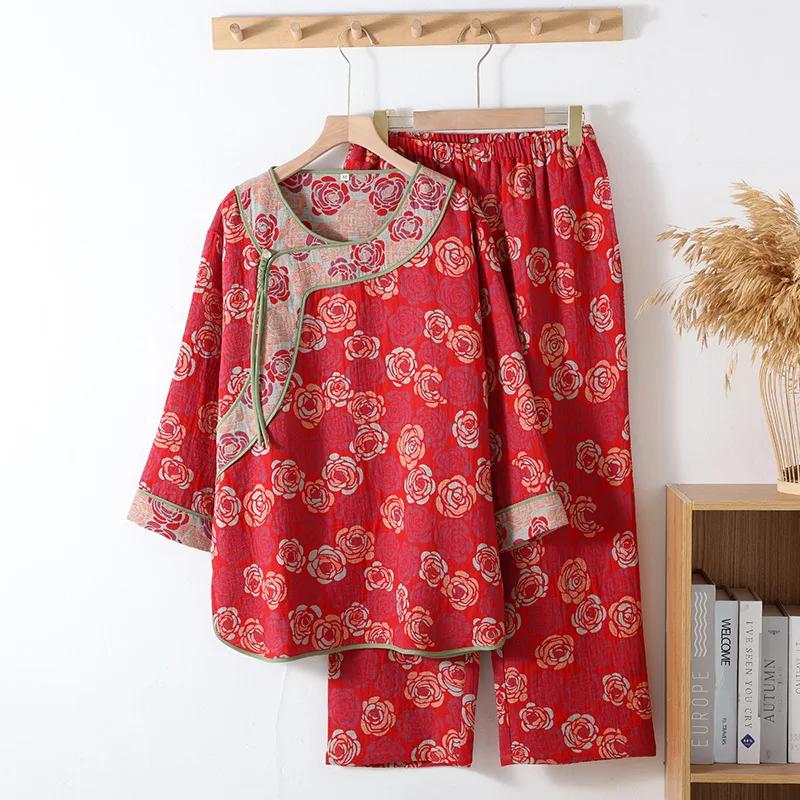 Chinese Style Loungewear Cotton Double Gauze Autumn Pajamas for Women Long Sleeve Pants Round Neck Pijamas 2 Piece Sets
