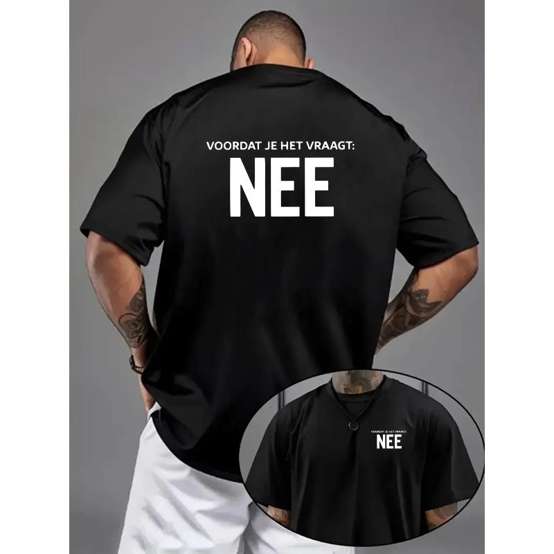 European Size Men s Drop-Shoulder Loose Fit T-Shirt, NEE, Dutch Slogan Print Men s Short Sleeve, Front and Back Graphic Design, Fashionable Trendy Top S