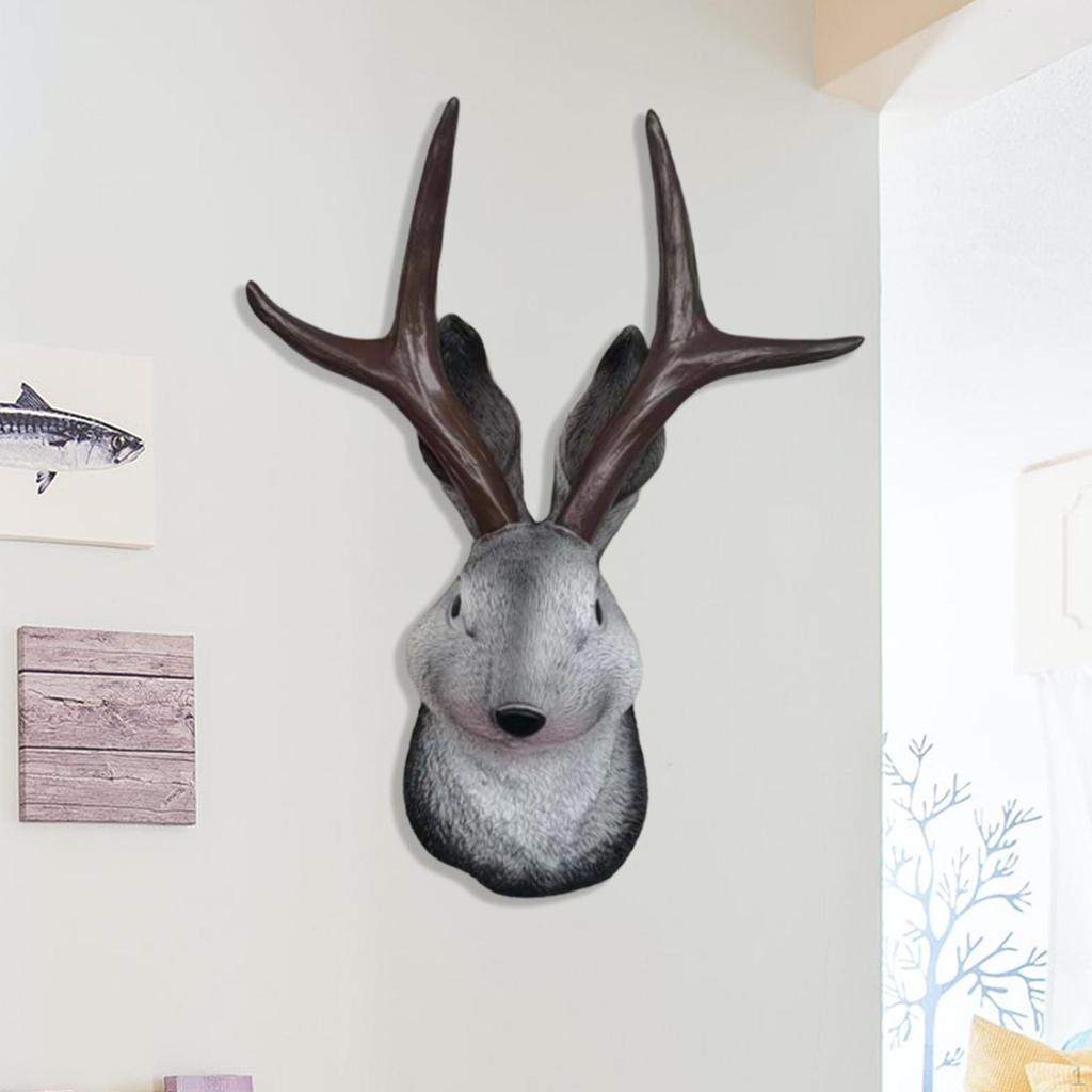Modern Resin Head Statue Antlers ,Hanging Wall Mount Art Crafts ,3D Bunny Sculpture for Cabinet Home