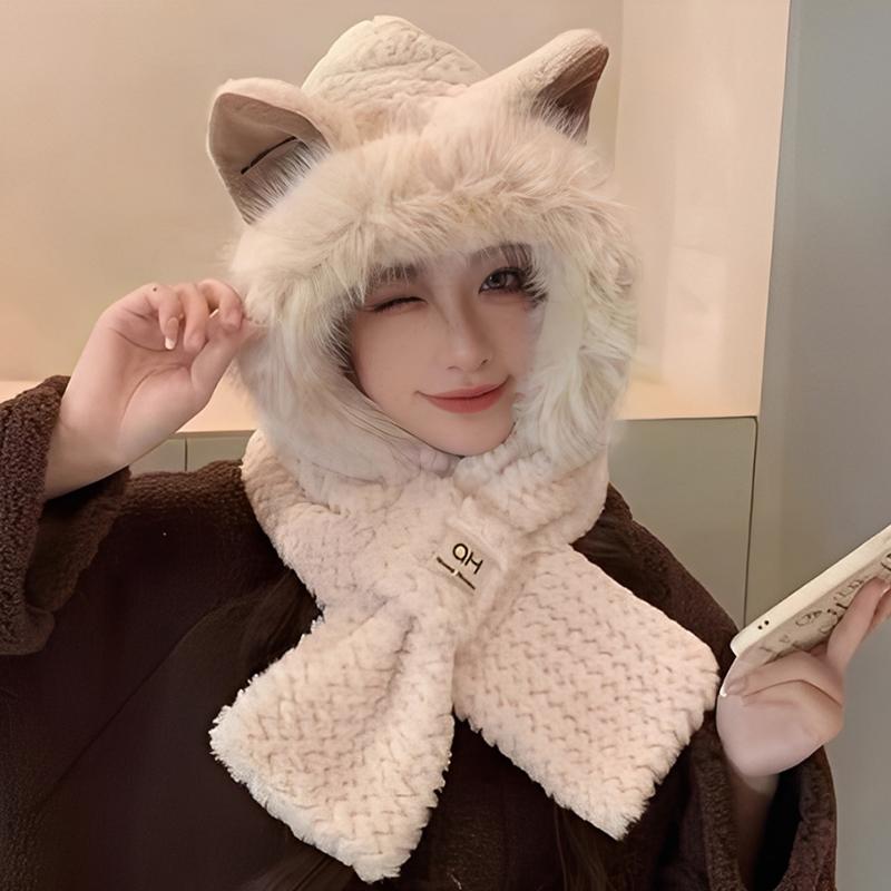 

Women s Cute Hat Scarf Combo Perfect For Winter Cycling Keeping Warm Plush Hat one size