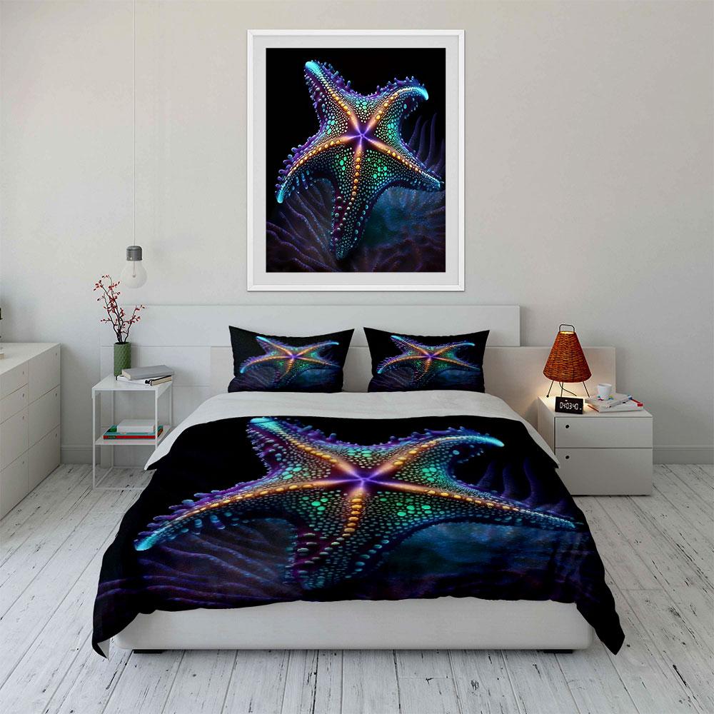 Colorful Glowing Starfish. Print Bedding Set 1 Duvet Cover 2 Pillowcases for Adult and Children Luxury Gift Full Size