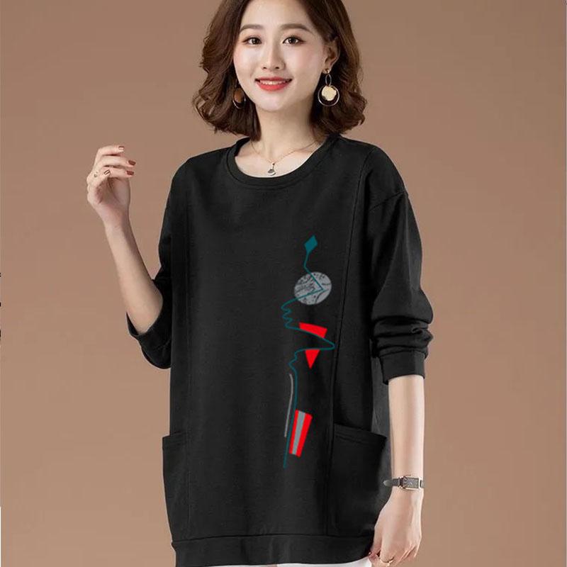 Spring Women Blouses Long Sleeve Print Element TShirts Casual Round Neck Ladies Tops Pullover