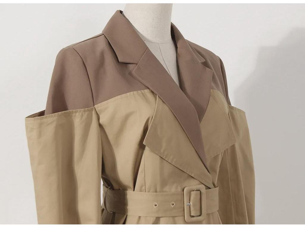 Dámský středně dlouhý dvoubarevný patchworkový trenčkot s oblekovým límečkem – šaty do pasu nad kolena v podzimním stylu