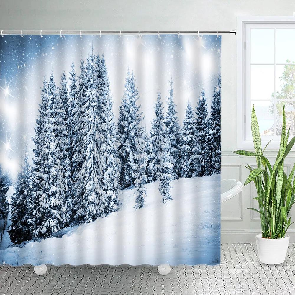 Winter Skiing Shower Curtain Set Modern Ski Station Snow Mountain Pine Tree Forest Bath Curtains Blue Christmas Bathroom Decor
