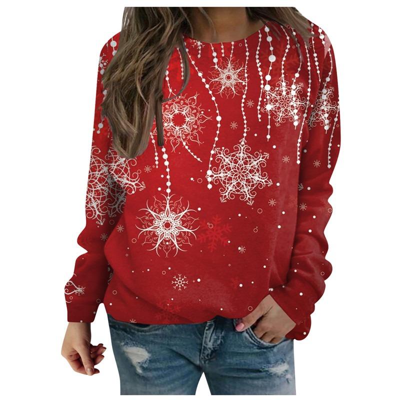 Christmas Decorations Pattern Women Red T-Shirts Autumn Winter Long Sleeve 3D Snowflakes Print
