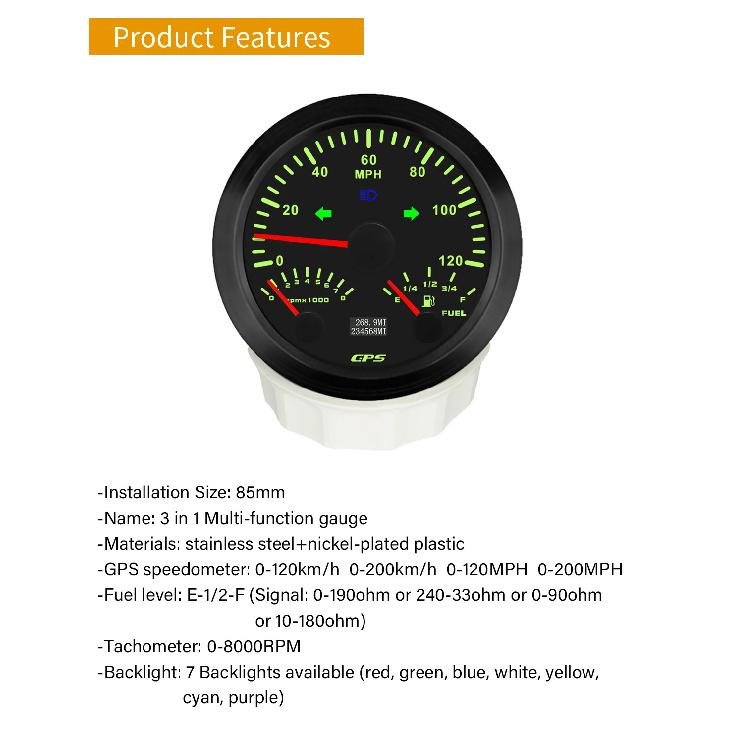 ELING Car Boat Universal 85mm 3 in 1 Multifunctional 200kmh GPS Speedometer with 8KRPM Tachometer Fuel Level 7 Colors Backlight