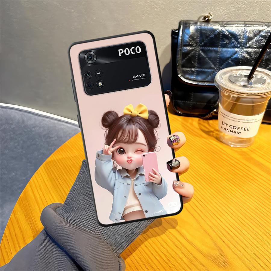 

Case for Xiaomi Poco X3 X4 X5 X7 Pro C61 M3 M4 M7 Pro C50 F3 C40 C71 F1 M5 C75 Black Soft Phone Cover Cartoon Girl Pattern Poco C40