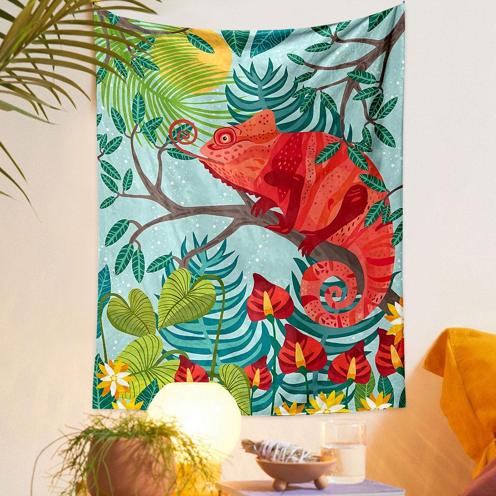 "Colorful Chameleon in Tropical Forest" Patterned tapestry home decor, suitable for bedroom and living room, gift