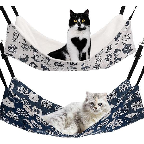 Cat Hammock for Cage Hanging Reversible 2Pack,Pet Hammock Bed Adjustable,Soft Sleeping Hammock for Cats,Ferret,Puppy,Rabbits,Small Animals (M, CAT) M