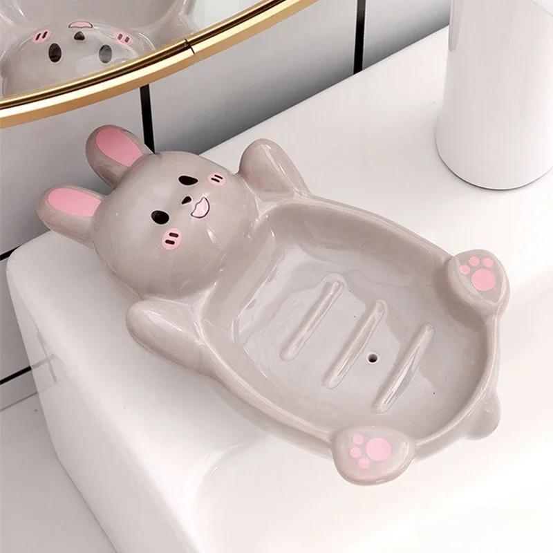 Cute Bunny Shaped Ceramic Drain Soap Box Creative Light Luxury Kitchen Bathroom Accessories Soap Dish Storage Box 1Pc
