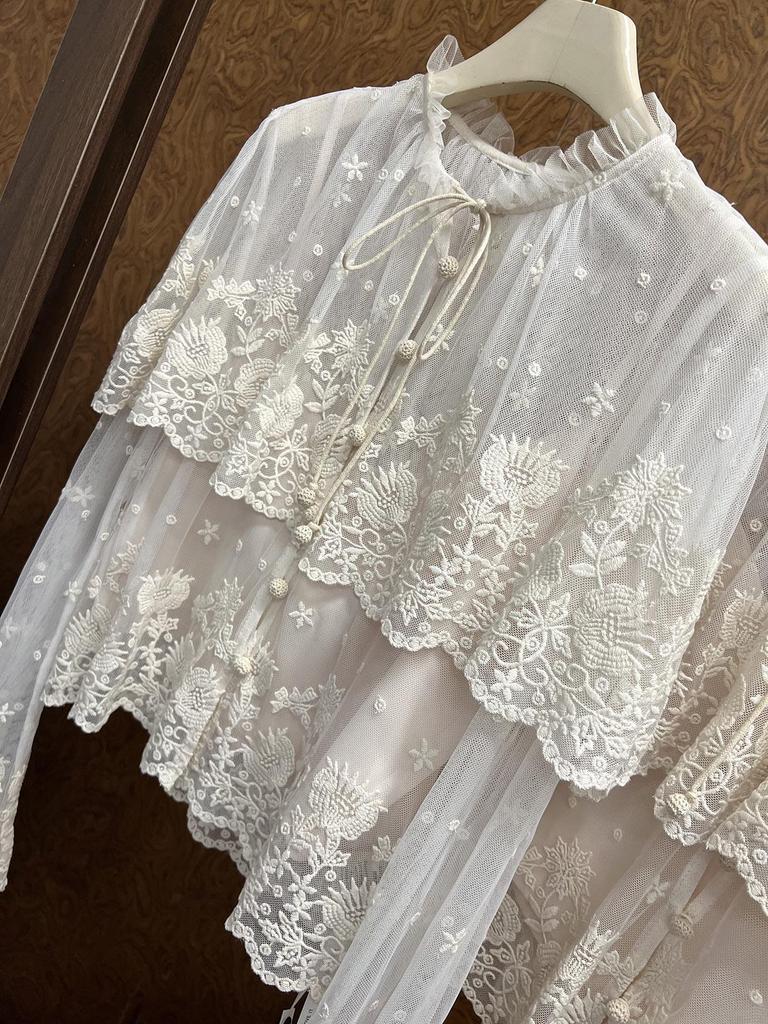 SE Designer 26 Spring Lace Shirt: Double-Layered, Sheer Mesh, Floral Embroidered Cape Cardigan