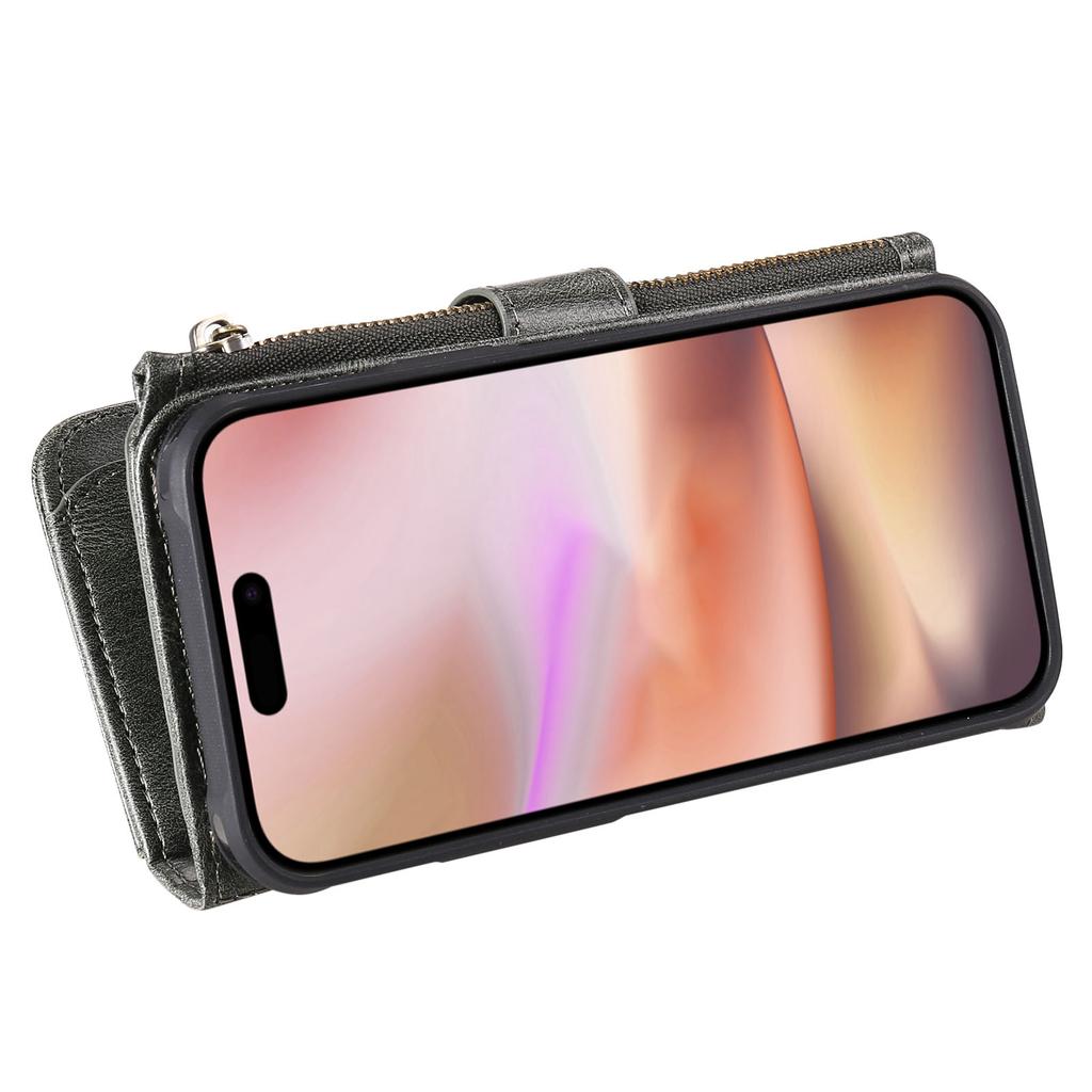 For iPhone 16 Plus Magnetic Case Detachable PU Leather Zipper Wallet Cover