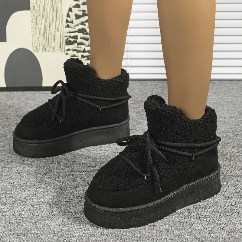 Women's Winter Plush Furry Collar & Cuff Short Boots - Beige Round-Toe Lace-Up Snow Boots with TPR Sole, Warm Cozy Traction Tires for Ice & Snow