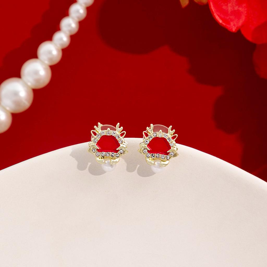 Year Of The Dragon Festive Chinese Style Diamond-Set Natal Year Earrings, Guochao Red New Year'S Blessing High-End Ear Buckles