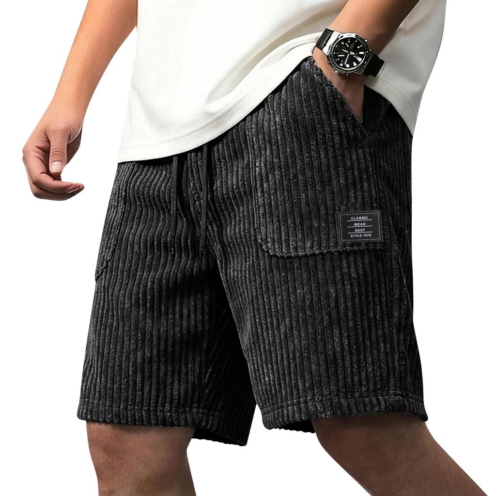 Men Corduroy Shorts Casual Loose Fit Elastic Waistband Drawstring Ribbed Texture Patch Pocket Design Summer Wear
