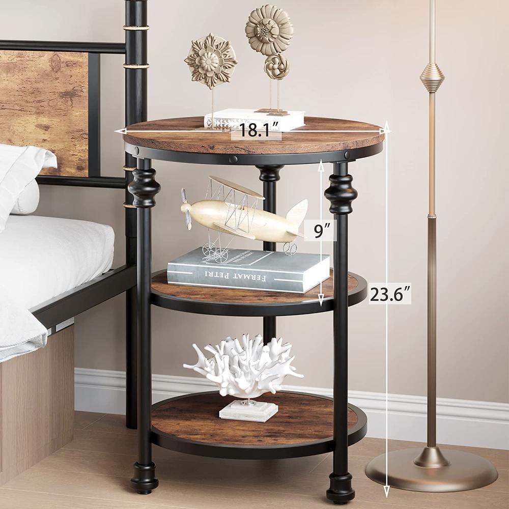 3-Tier Round Side Table Accent Table with Storage Shelf and Metal Industrial Wood Bed Side Table Night Stand for Bedroom