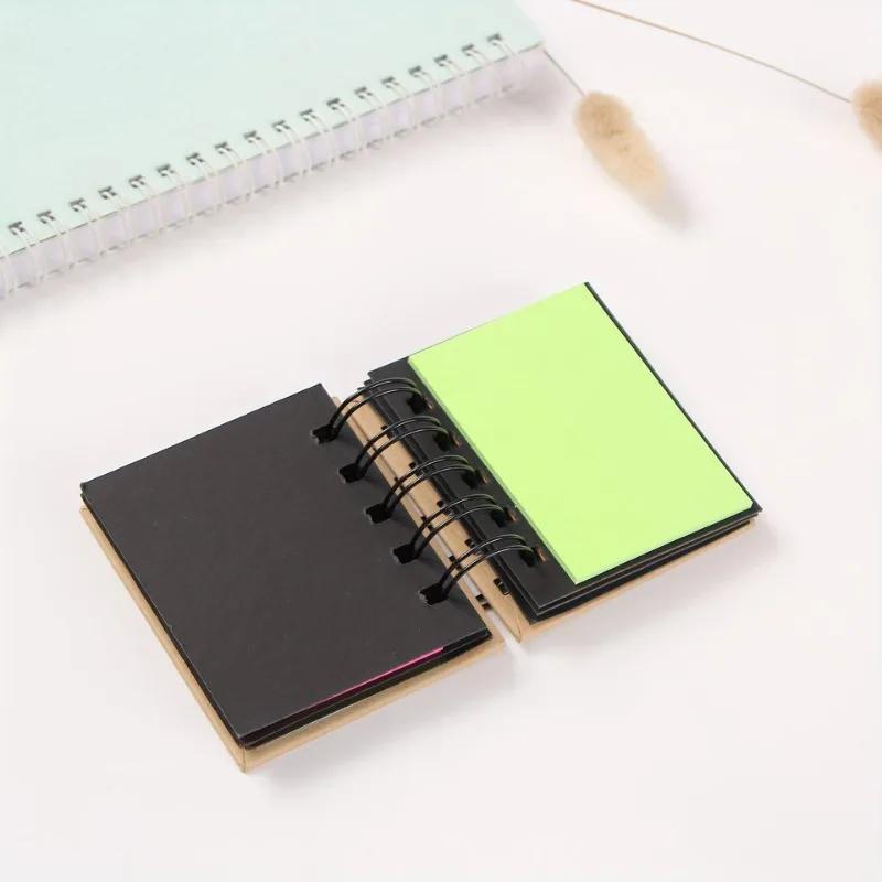 2pcs Portable Combination Note, Spiral Notebook Self-adhesive Note 3.3 Inches X 3 Inches X 0.79 Inches, Paper Label, Brown Cover
