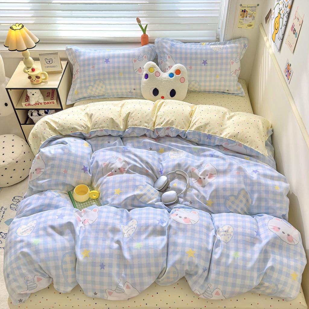 Class A Maternal Infant Grade Small Fresh Pure Cotton Abraded 4-Pcs Set, Skin-Friendly Bed Sheet Washed Cotton Quilt Cover, Dormitory 3-Piece Set