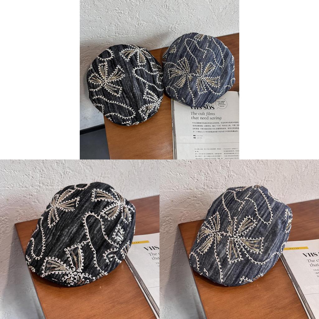 Bestickte Blumen-Denim-Baskenmütze Mit Sonnenschutz Für Frühling Sommer Modeaccessoires