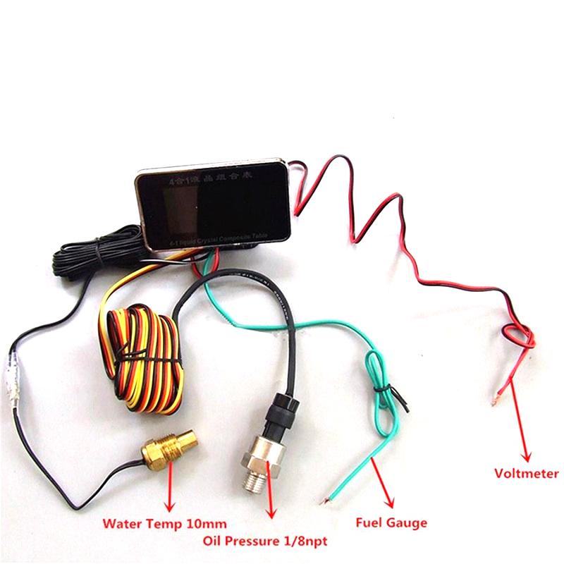 2 In 1 / 3 In 1 / 4 In 1 LCD Digital Oil Pressure Gauge Voltmeter Fuel Level Meter 1/8 NPT Oil Press Sensor + Water Temp Sensor