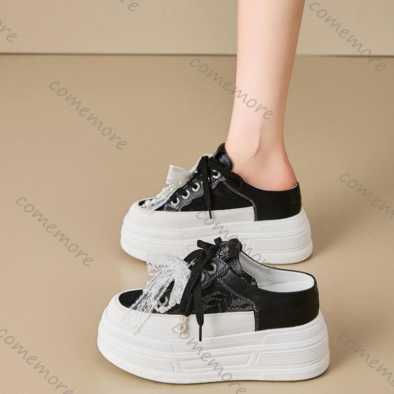 Comemore Summer New Heightening Sneakers Baotou Half Slippers Outside Wear Thick Bottom Leisure Lace Lace Up Board Shoes