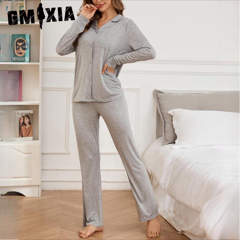 GMXIA Pyjamas Female Autumn and Winter Red New Year Christmas Ice Silk Long-sleeved Shirt Trousers Two-piece Homewear