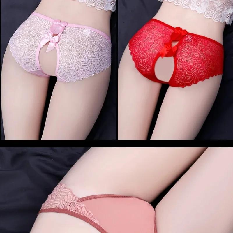 Women Lace Sexy Panties Open Crotch Underwear Lady'S Erotic Crotchless Lingerie Floral See Through Brief Bowknot New