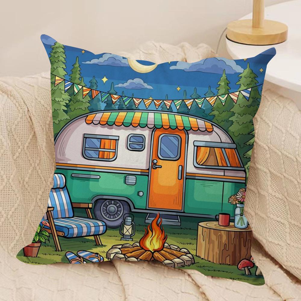 Happy Camper Cartoon House Cushion Cover Pillowcase Ultra Soft Skin Friendly Fabric Cloud Like Comfort  Concealed Zipper