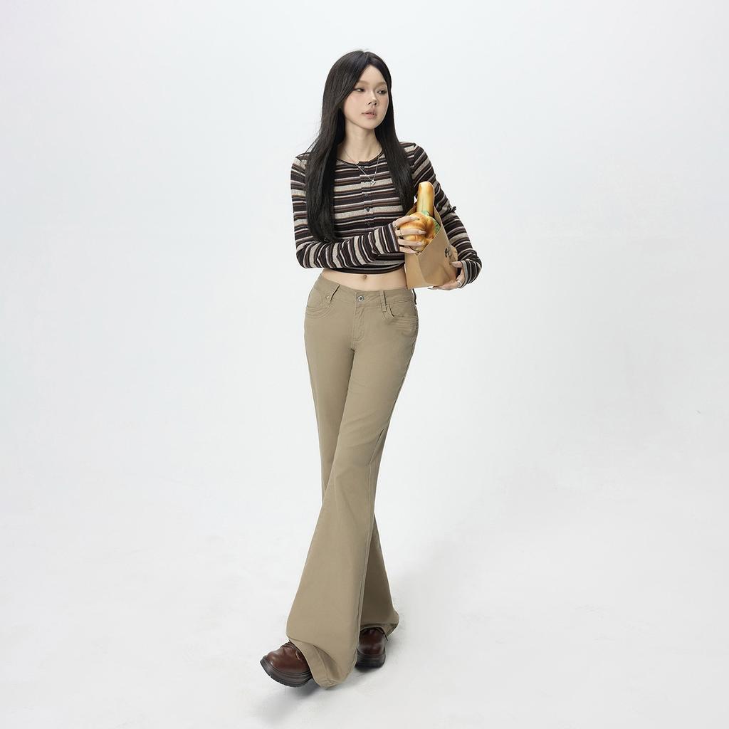 Autumn new American retro low-rise Spice Girl flared pants slim-fitting and thin khaki elastic jeans