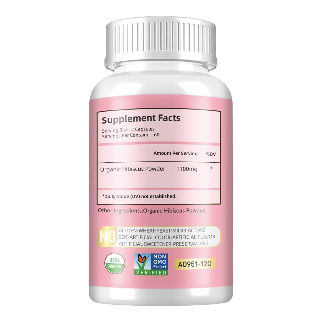 Capsule di ibisco biologico, di origine vegetale, polline biologico, facilmente assorbibili, adatte agli adulti.