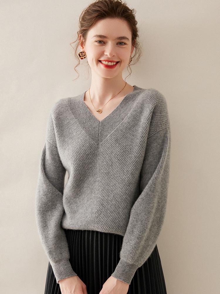 Women's V-neck Pure Cashmere Ribbed Stitch Loose Sweater - Autumn/Winter Thick, Skin-friendly Base Layer